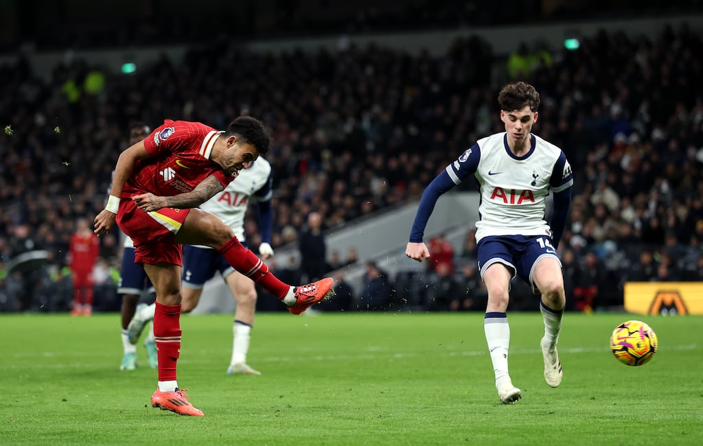 Luis Díaz scores Liverpool's sixth goal during the Premier League game against Tottenham Hotspur at Tottenham Hotspur Stadium. Photograph: Alex Pantling/Getty Images