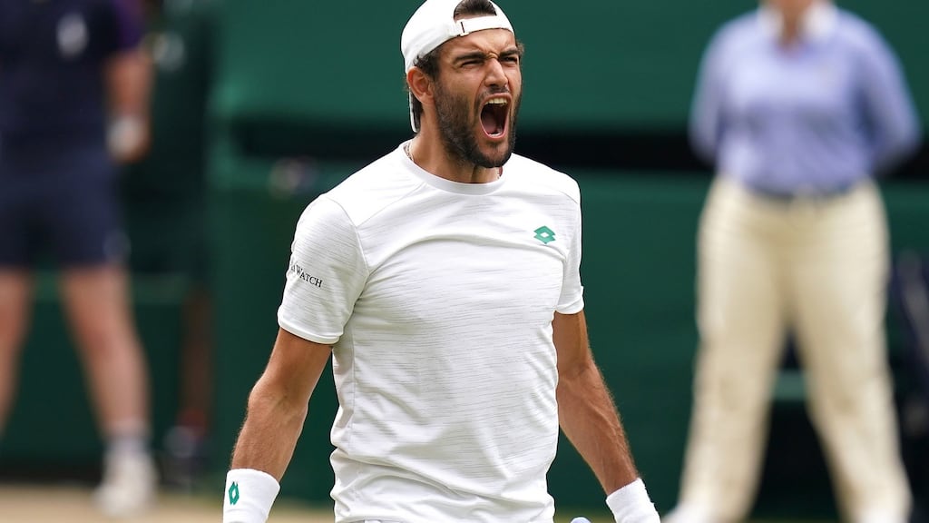 Matteo Berrettini celebrates reaching the Wimbledon final after his win over Hubert Hurkacz. Photograph: Adam Davy/PA