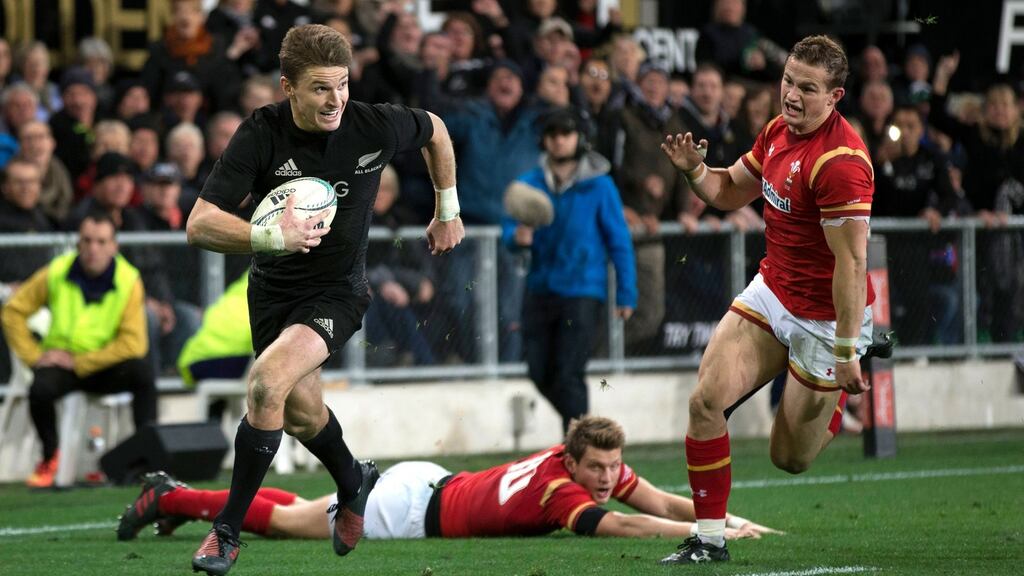 Beauden Barrett scored 26 points as New Zealand thrashed Wales in Dunedin. Photograph: AP