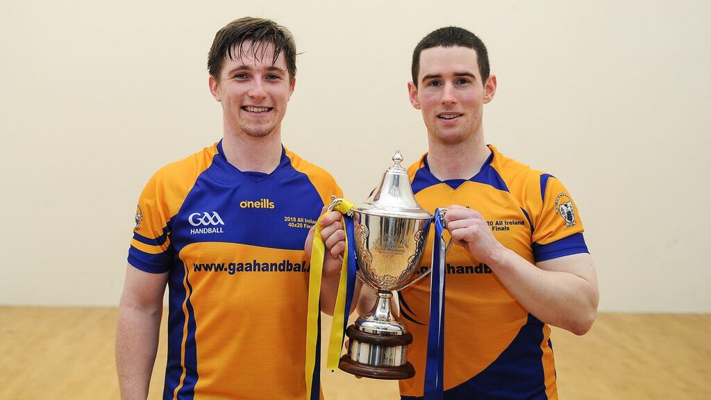 Colin Crehan and Diarmuid Nash from Clare, winners of the GAA Handball Championship Men’s Senior Doubles Final. Photograph: Tommy Grealy/actionshots.ie