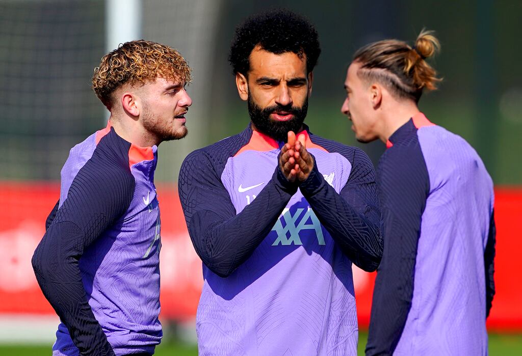 Harvey Elliott (left), Mohamed Salah and Kostas Tsimikas during a training session in Liverpool on Wednesday. Photograph: Peter Byrne/PA Wire