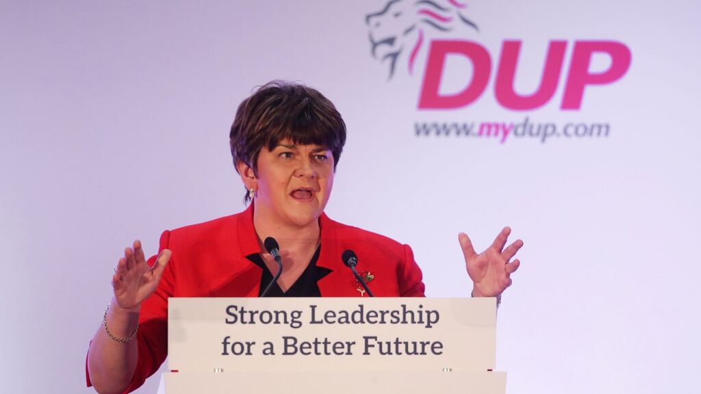 First Minister and DUP leader Arlene Foster delivers her keynote speech to delegates at the DUP annual conference at the La Mon Hotel in Dundonald, Belfast. Photograph: Niall Carson/PA Wire