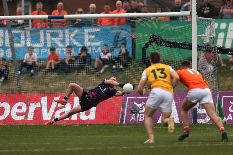 Armagh's Blaine Hughes saves a penalty. Photograph: Bryan Keane/Inpho