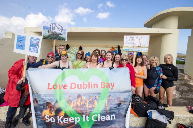 Members of the Dollymount Dames swimming group protest over poor water quality in Dublin Bay at Dollymount, North Bull Wall, Dublin. Photograph: Tom Honan