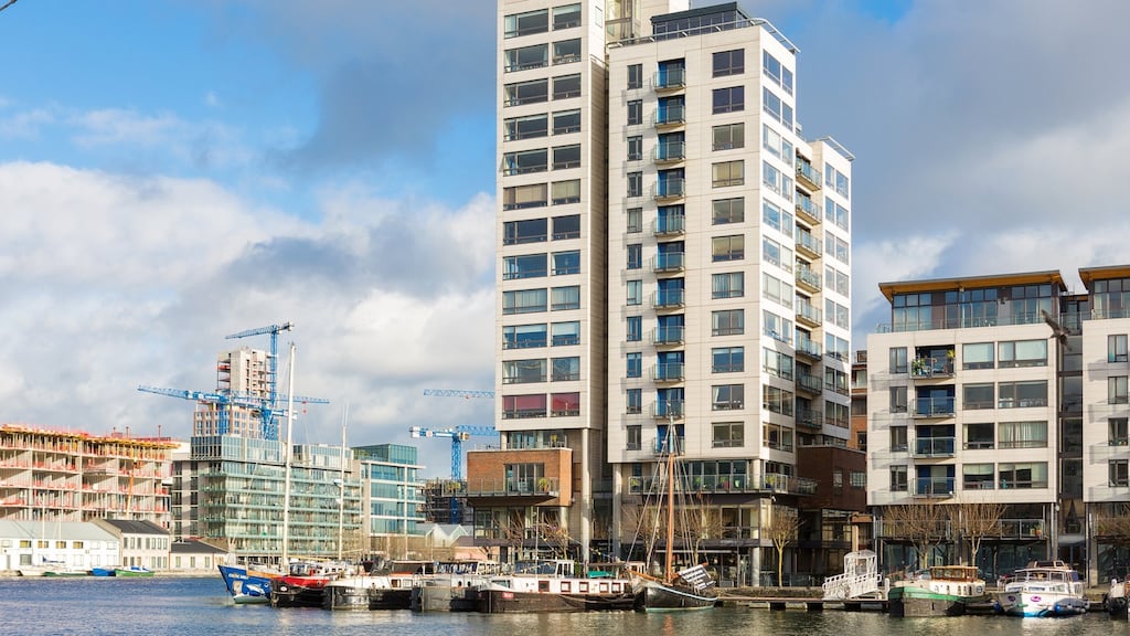 Millenium Tower in Dublin’s Docklands where an attractive  two-bedroom, one-bathroom corner unit on the 10th floor is now available.