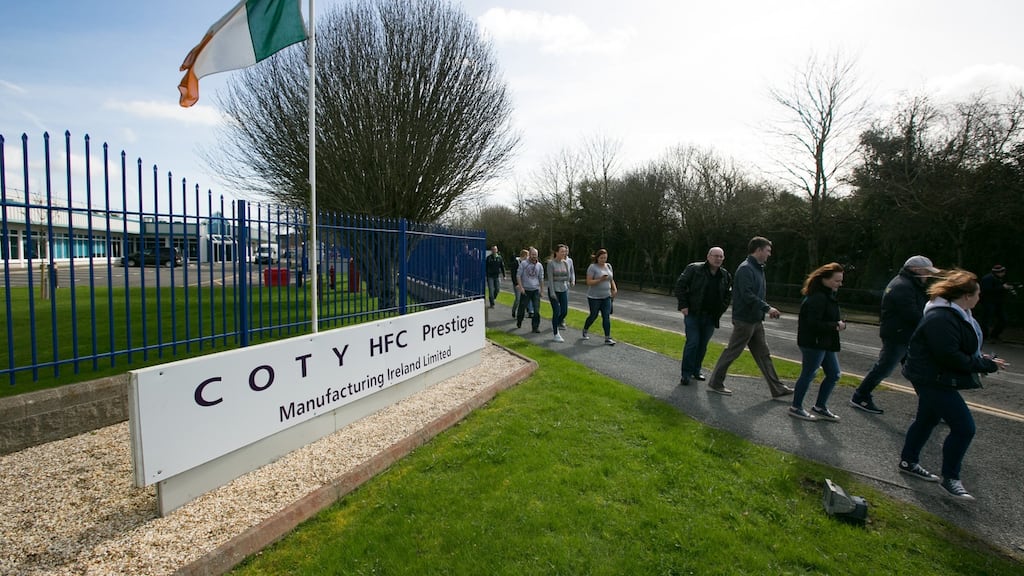 Members of staff leaving the Coty beauty products manufacturing plant in Nenagh after hearing that the factory is going to close with the loss of 200 jobs. Photograph: Brian Gavin / Press 22