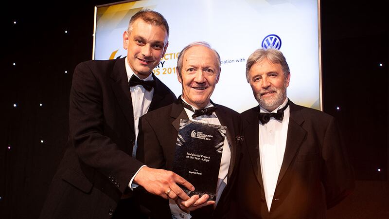 Alan Crawford, Awards Judge presents the Residential Project of the Year – Large award to Eamon O'Connor, Kennedy Wilson & Alex Schoenmakers, O'Mahony Pike Architects.