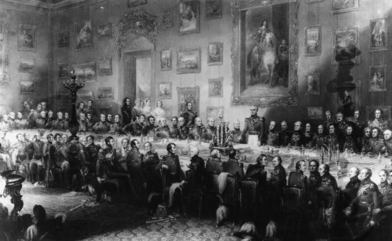 1st Duke of Wellington Arthur Wellesley speaks at the Waterloo Banquet in Apsley House, Piccadilly, circa 1850. Photograph: Rischgitz