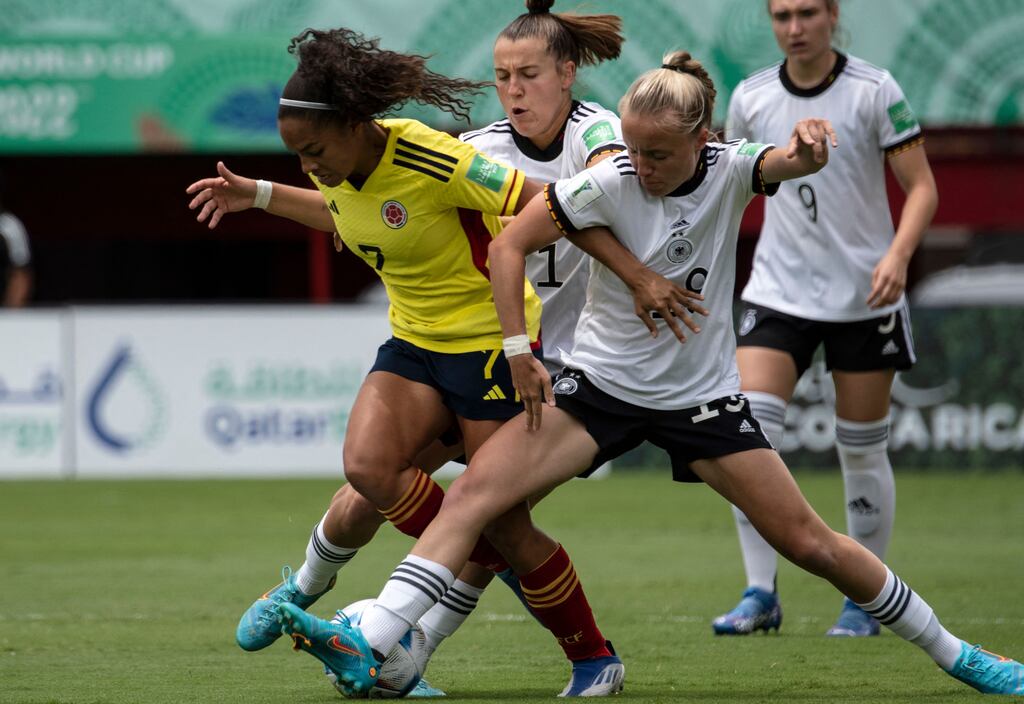Colombia's Gisela Robledo is challenged by Germany's Carlotta Wamser and Beke Sterner during their Women's Under-20 World Cup match at the Alejandro Morera Soto stadium in Alajuela, Costa Rica. Photograph: Ezequiel Becerra/AFP via Getty Images