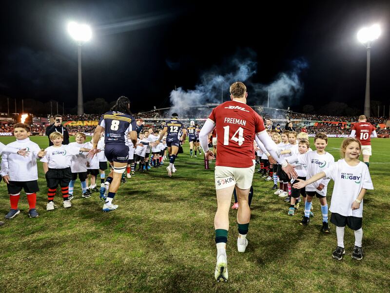 Lions’ Tommy Freeman takes to the pitch before the game against the Brumbies. Photograph: Dan Sheridan/Inpho