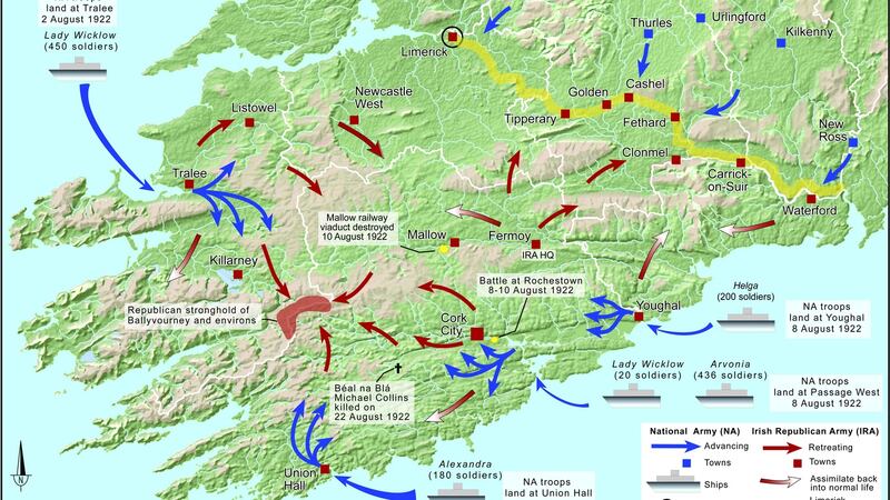 Anti-Treaty commander Liam Lynch imagined Treaty rebels holding the Munster Republic from Limerick to Waterford, but the line was largely illusory and the National Army captured the major towns and cities quickly. Photograph: Atlas of the Irish Revolution, Cork University Press