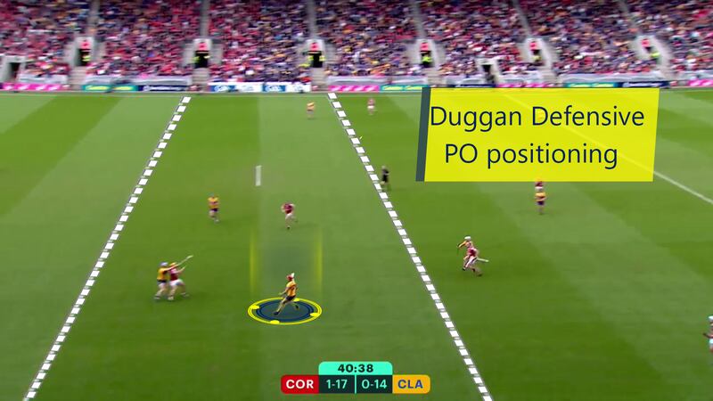 Peter Duggan dropping deep to assist in defence against the Cork puckout