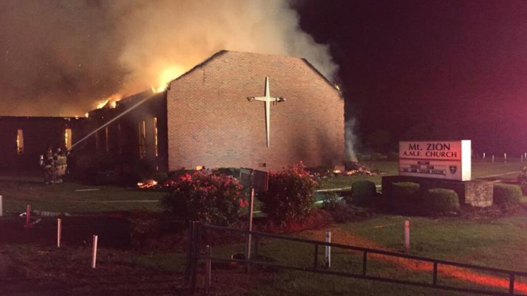 Fire crews try to control the blaze at Mt Zion African Methodist Episcopal Church in Greeleyville, South Carolina. Photograph: Clarendon County Fire Department/Reuters