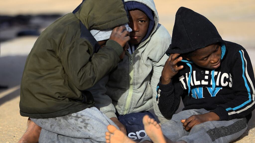 Children at a naval base in the Libyan capital Tripoli after they were rescued 40 miles off the Libyan coast. Photograph: Getty Images