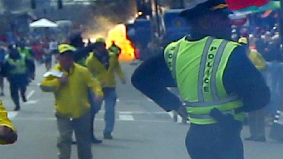 A second bomb explodes near the finish line of the Boston Marathon. Photograph: New York Times