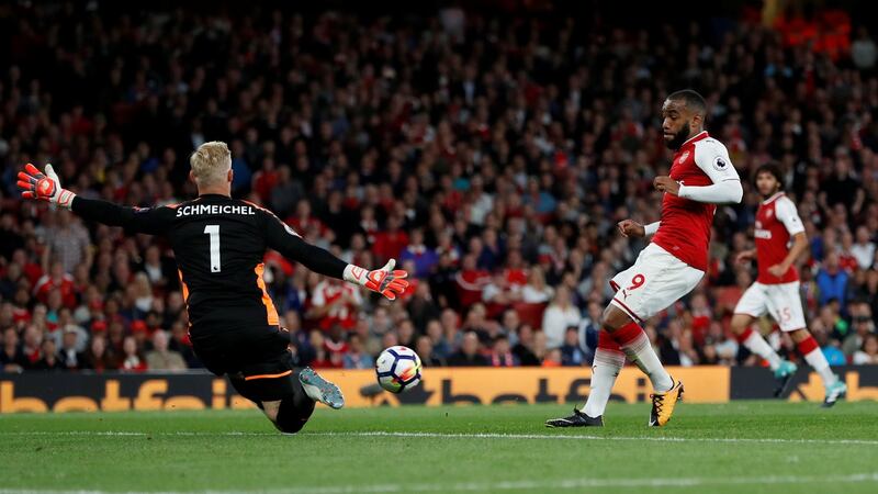 Leicester City’s Kasper Schmeichel saves a shot from Arsenal’s Alexandre Lacazette. Photograph: Paul Childs/Reuters