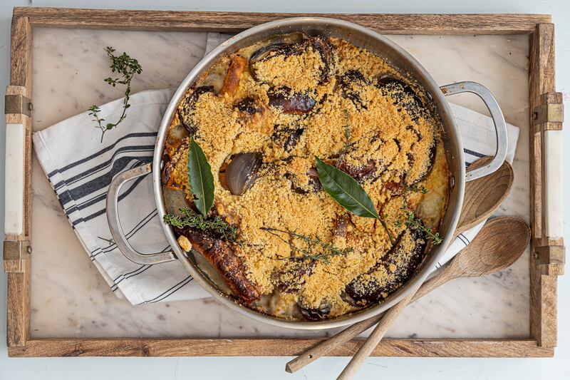 Sausage, sweet potato and red onion crumble