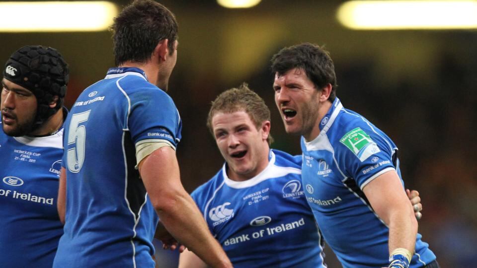 Jason Harris-Wright did, however, go on to savour Heineken Cup final success with Leinster in the 2011 decider against Northampton, and here he celebrates at the final whistle with Shane Horgan, right, and Nathan Hines. Photograph:  Billy Stickland/Inpho