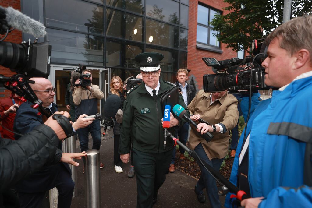 Police Service of Northern Ireland Chief Constable Simon Byrne leaves James House in Belfast after a special meeting of the Policing Board on Thursday. Earlier this month the PSNI revealed a document had mistakenly been shared online which included the names of about 10,000 officers and staff. Photograph: Liam McBurney/PA Wire