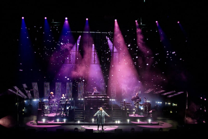 Pet Shop Boys: Chris Lowe and Neil Tennant on stage at 3Arena on Monday night. Photograph: Tom Honan