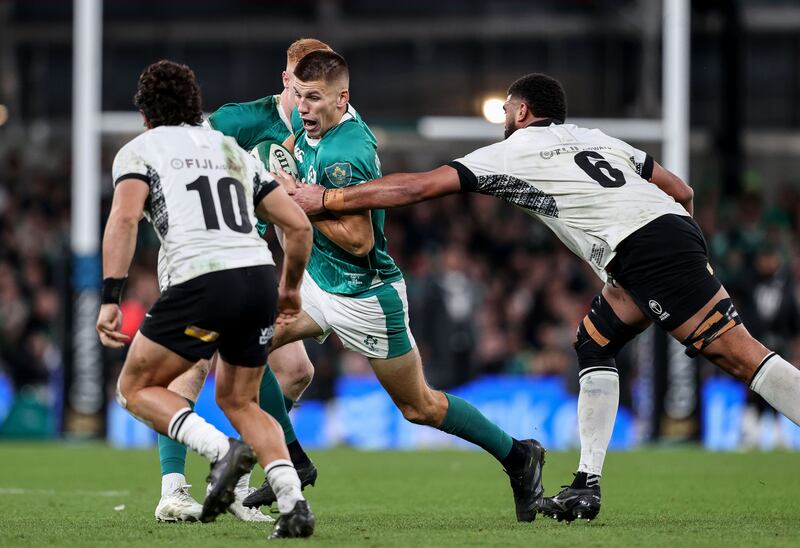 Sam Prendergast in action against Fiji's Meli Derenalagi. Photograph: Dan Sheridan/Inpho