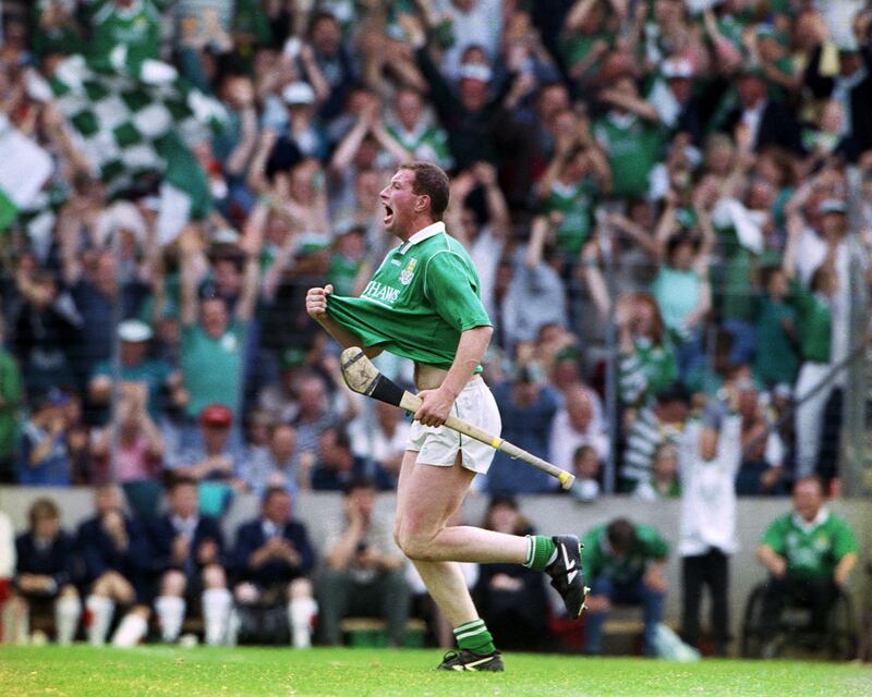 Limerick's Frankie Carroll celebrates Limerick's Munster final replay win over Tipperary in Cork in 1996. Photograph: Tom Honan/Inpho