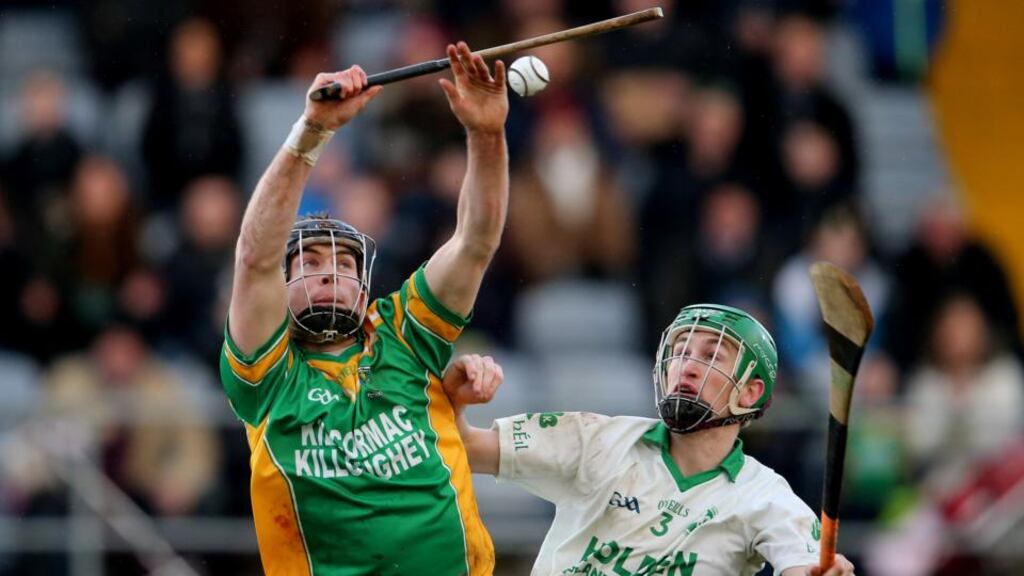 Joey Holden (right) in action against Dan Currams of Kilcormac/Killoughey in the AIB Leinster Club Senior Hurling Final at O’Moore Park in Portlaoise. Photograph: Cathal Noonan/Inpho