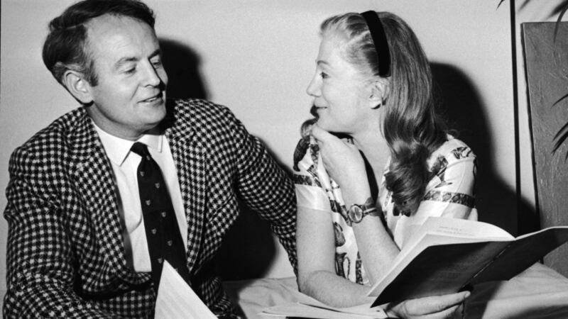Ulick O’Connor and Sarah Audley, daughter of Winston Churchill, rehearse lines for a Poetry Review performance, at her flat in London, in 1967. Photograph: Express Newspapers/Getty Images
