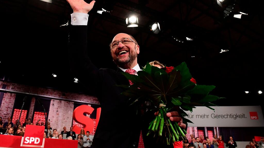 Former European Parliament president and candidate for chancellor of Germany’s social democratic SPD party, Martin Schulz, after his election as new SPD leader on Sunday in Berlin. Photograph: Tobias Schwarz/AFP/Getty Images