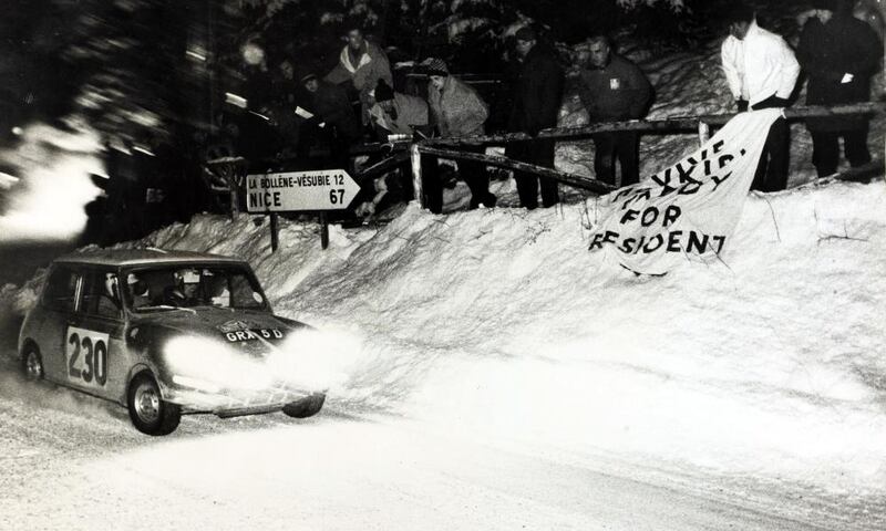 Paddy Hopkirk and Henry Liddon nearing the end of the 1966 Monte Carlo rally in snowy conditions. They came third but were disqualified on a technicality over the kind of headlight bulbs they used. Photograph: Popperfoto.com