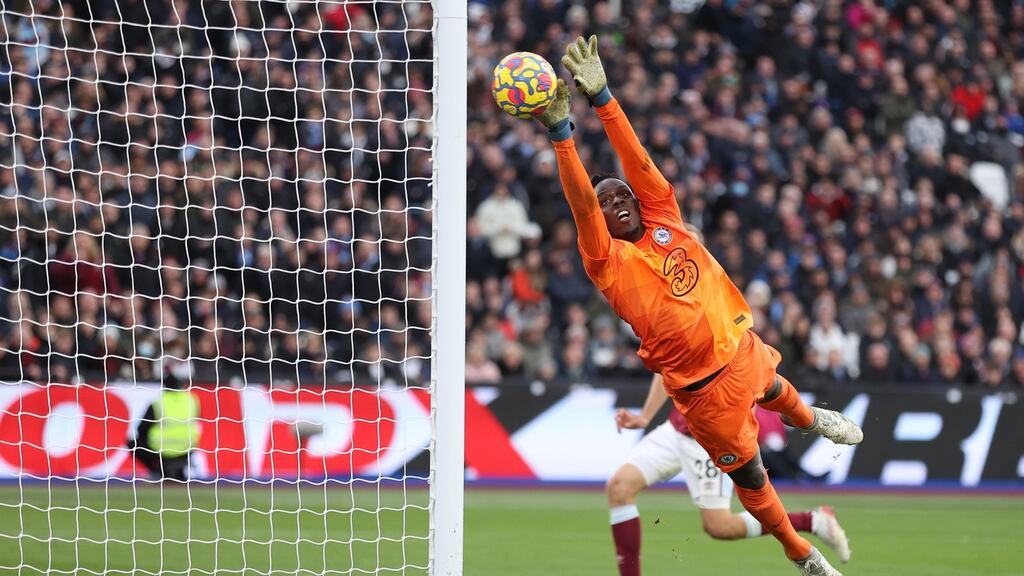 Chelsea goalkeeper Edouard Mendy  fails to save a shot from Arthur Masuaku of West Ham United during the Premier League game at the London Stadium. Photograph: Alex Pantling/Getty Images