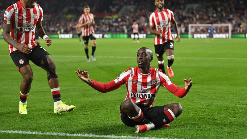 Yoane Wissa of Brentford celebrates scoring the late equaliser against Liverpool at the Bentford Community Stadium in London. Photograph: Justin Setterfield/Getty Images