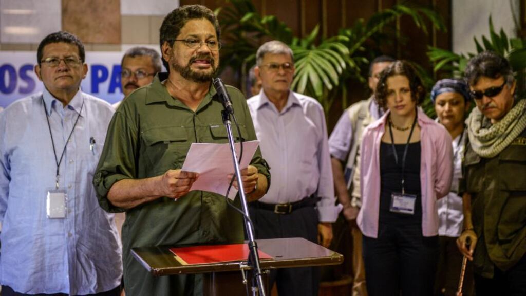Colombian FARC-EP Commander Ivan Marquez reads a statement at the Convention Palace in Havana in June. Photograph:  Adalberto Roque/AFP/Getty Images