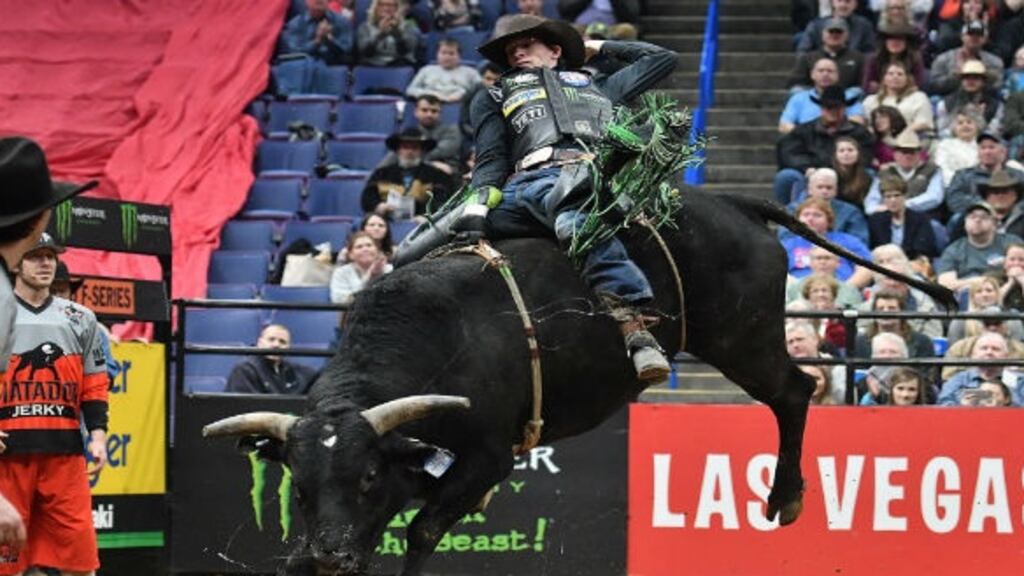 Mason Lowe rides the bull Lunatic during a Professional Bull Riders competition last year in St Louis. Photograph: Keith Gillett/AP