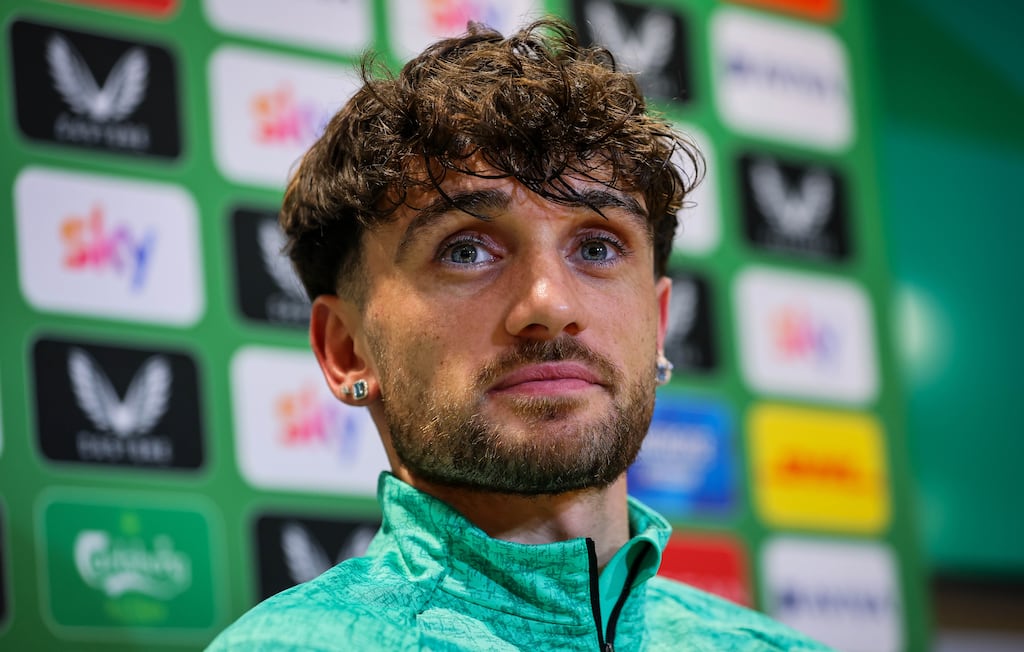 Troy Parrott during a press conference in Dublin on Tuesday. Photograph: Ryan Byrne/Inpho