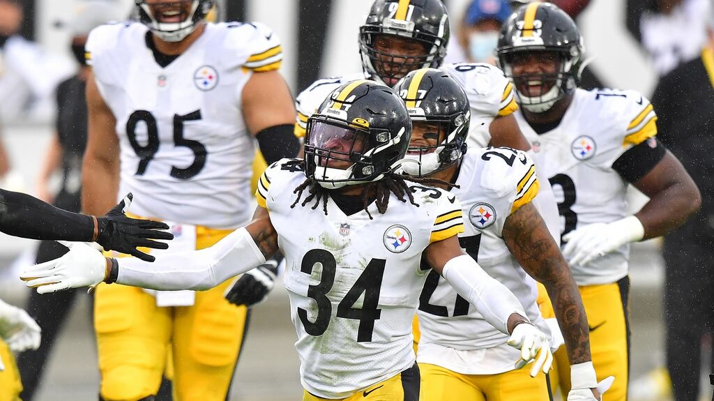 Terrell Edmunds celebrates after making an interception during the Pittsburgh Steelers win over Jacksonville. Photograph: Julio Aguilar/Getty