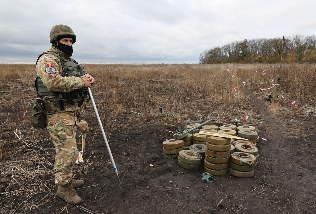 A Ukrainian sapper taking part in a demining exercise near the eastern city of Kharkiv last month during the Russian invasion. The Government has been advised to remember operations in 'forgotten' conflicts instead of diverting resources to Ukraine. Photograph: Sergey Kozlov/EPA
