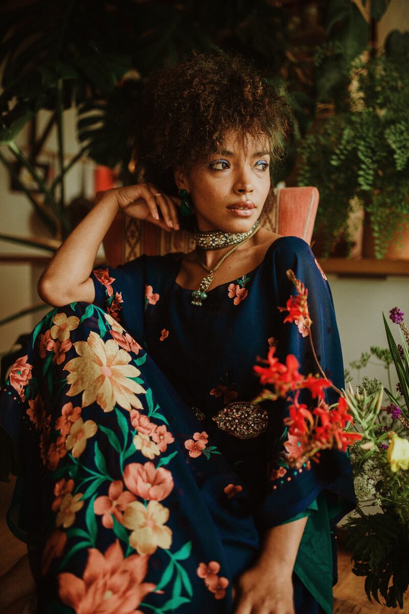 Painted Lady kaftan €262, butterfly belt €92, Cleopatra choker €76. Photograph: Kate Bean