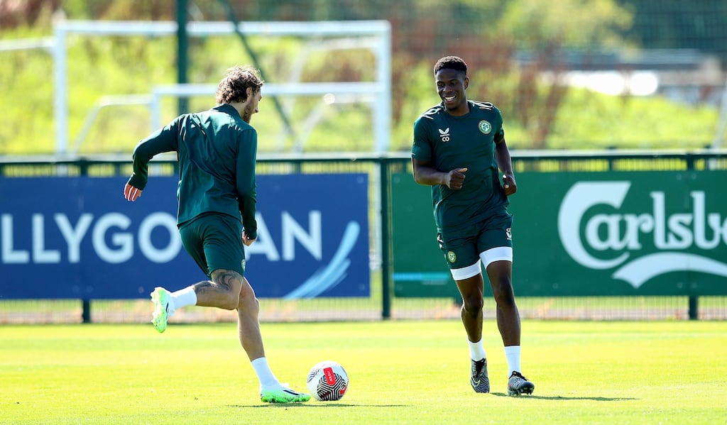 Chiedozie Ogbene in training ahead of Thursday Euro 2024 qualifier in Paris. Photograph: Ryan Byrne/Inpho