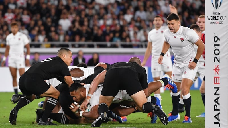 England’s Manu Tuilagi scores his side’s try during the Rugby World Cup semi- final against New Zealand at International Stadium Yokohama. Photograph: Getty Images