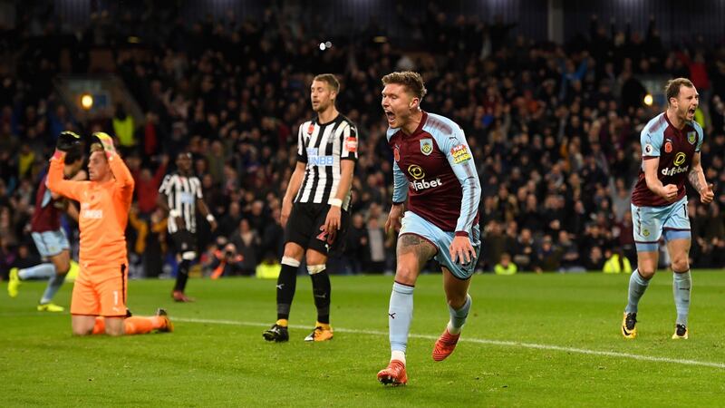 Jeff Hendrick celebrates a late winner for Burnley aganist Newcastle United. Photograph: Stu Forster/Getty