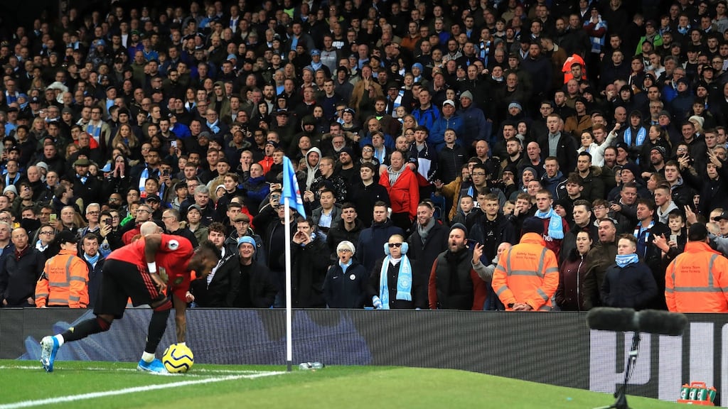 Fred goes to take a corner during Manchester United’s win over Manchester City. Photograph: Mike Egerton/PA