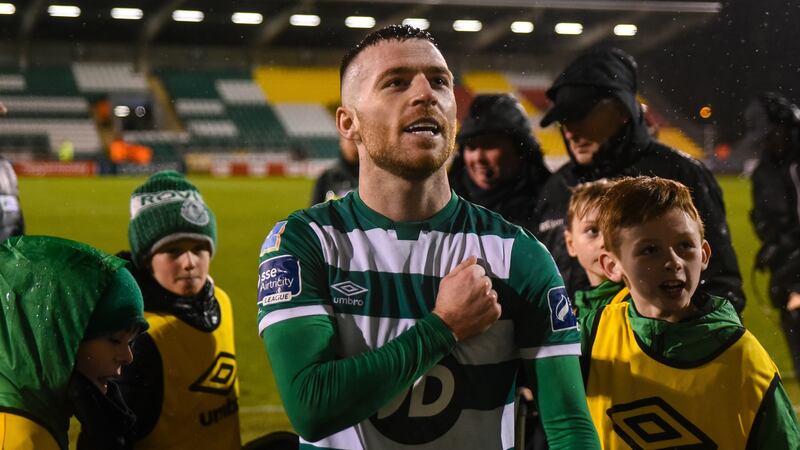 Jack Byrne celebrates after the victory over Dundalk at Tallaght Stadium on February 28th, a game in which he scored the winning goal. Photograph: Ciarán Culligan/Inpho