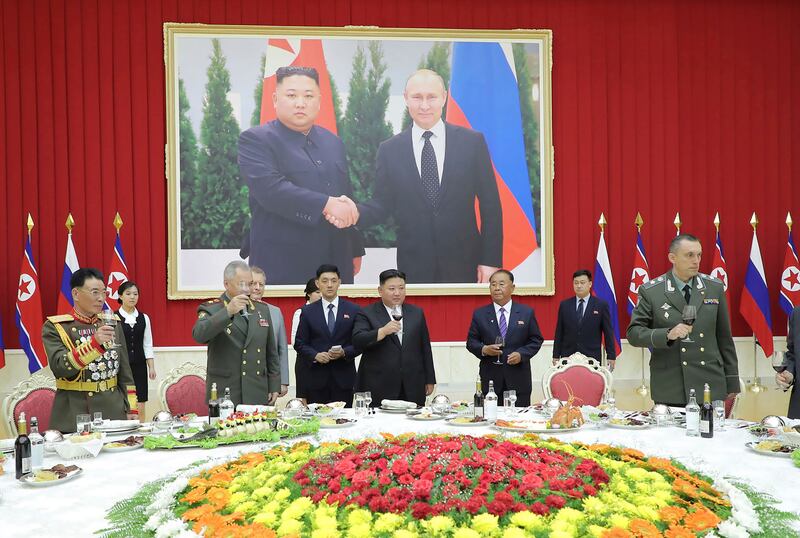 North Korean leader Kim Jong-un and Russian defence minister Sergei Shoigu raise a toast in Pyongyang in July. Photograph: Korean Central News Agency/Korea News Service via AP
