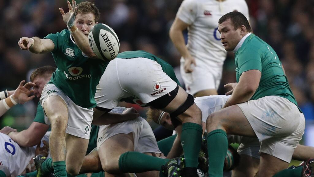Ireland scrumhalf Kieran Marmion makes a lay-off in the Six Nations international match against England at the Aviva Stadium on Saturday. Photograph: Getty Images.