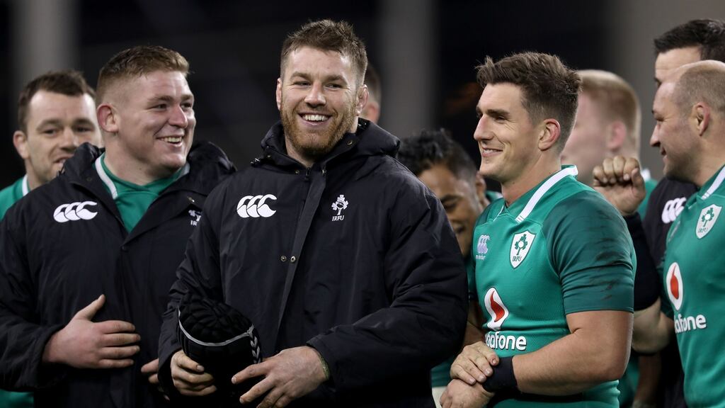 Ireland’s Tadhg Furlong, Sean O’Brien and Ian Keatley celebrate after the win over Argentina. Photo: Bryan Keane/Inpho
