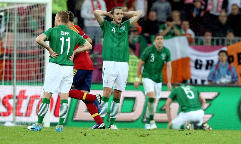 Damien Duff, John O'Shea, Stephen Ward and Richard Dunne dejected after another Spain goal at Euro 2012. Photograph: James Crombie/Inpho
