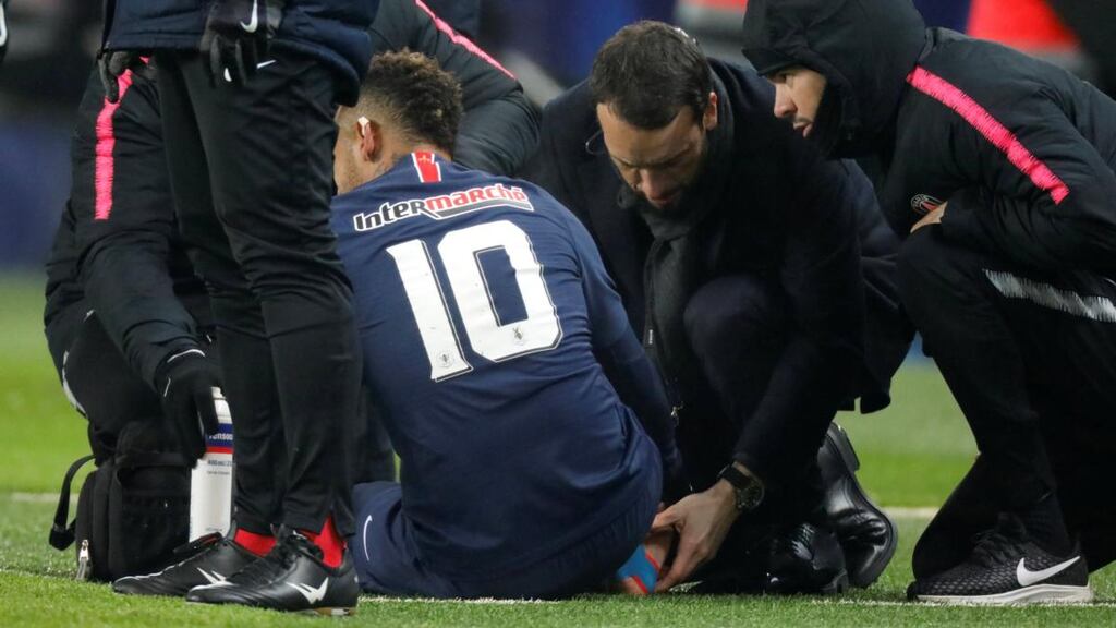 Neymar was forced off injured during PSG’s French Cup win over Strasbourg. Photograph: Charles Platiau/Reuters