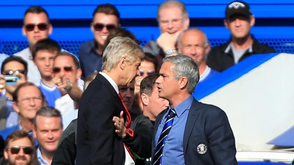 Chelsea manager Jose Mourinho (right) faces off against Arsenal manager Arsene Wenger during the Barclays Premier League match at Stamford Bridge, London, earlier this month. Photograph: Nick Potts/PA Wire