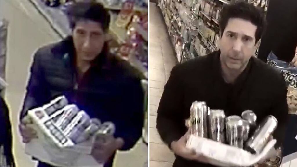 File images, one issued by Blackpool Police of a suspected thief (L) and the other posted on the Twitter feed of David Schwimmer parodying his resemblance to the suspect. Photograph: Blackpool Police/@DavidSchwimmer/PA Wire